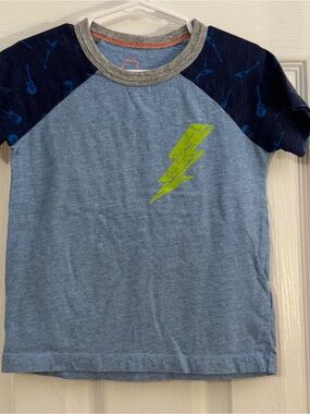Mini Boden Baby Boy Blue Short Sleeve Tee with Lime Lightning and Guitars